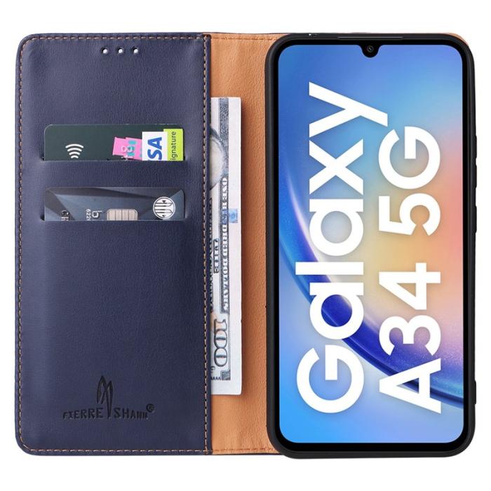 FIERRE SHANN - FIERRE SHANN Samsung Galaxy A34 5G Fodral PU Läder - Blå
