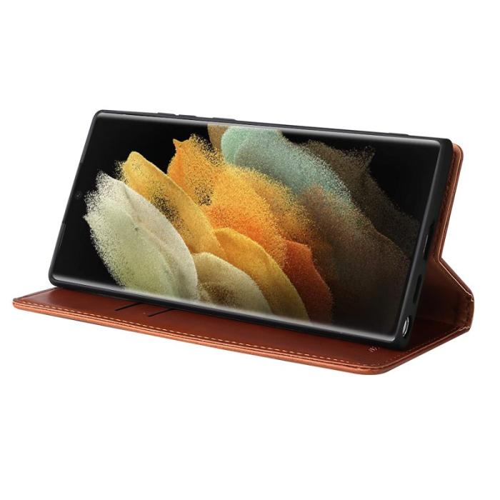 FIERRE SHANN - FIERRE SHANN Samsung Galaxy S22 Ultra Fodral PU Läder - Brun