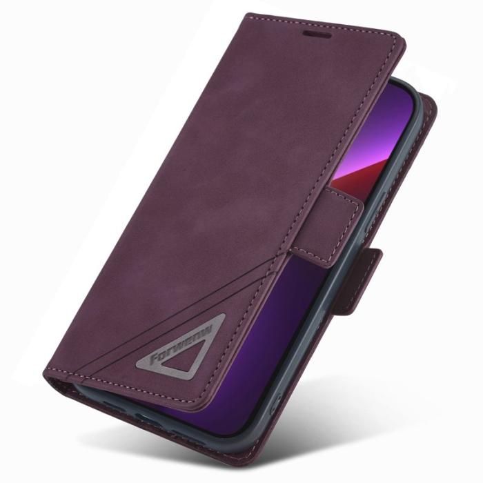 FORWENW - FORWENW F3 Series iPhone 15 Plus Flip Fodral Äkta läder - Vinröd