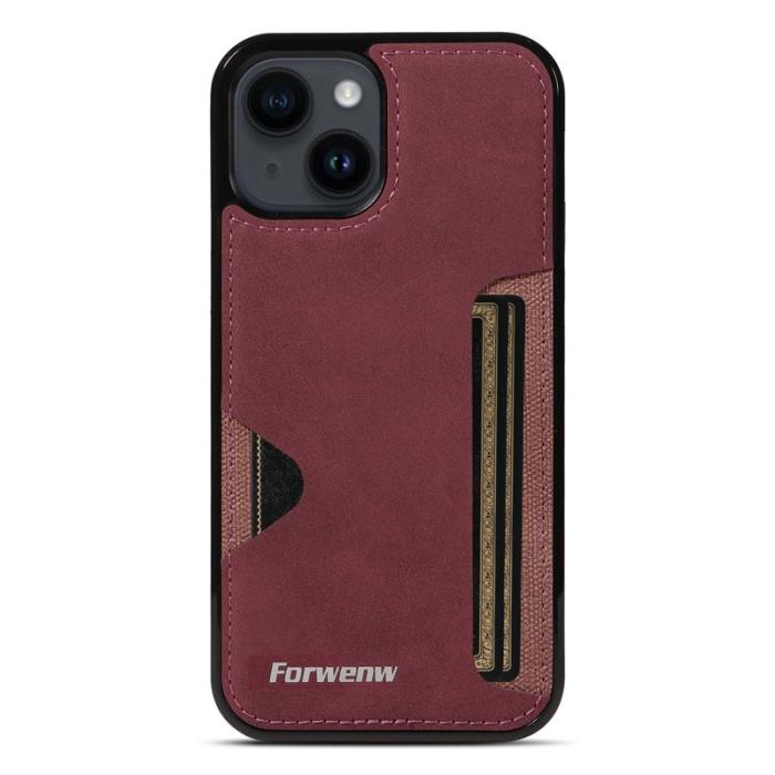 FORWENW - FORWENW F5 Series iPhone 15 Plus Fodral Äkta läder - Vinröd