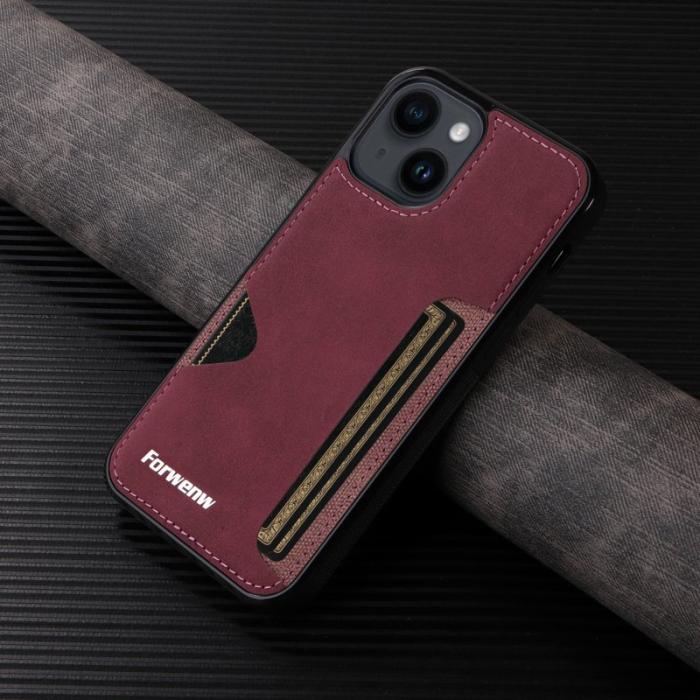 FORWENW - FORWENW F5 Series iPhone 15 Plus Fodral Äkta läder - Vinröd