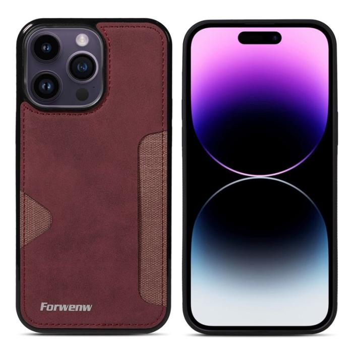 FORWENW - FORWENW F5 Series iPhone 15 Pro Fodral Äkta läder - Vinröd