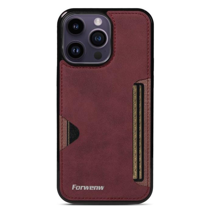 FORWENW - FORWENW F5 Series iPhone 15 Pro Fodral Äkta läder - Vinröd
