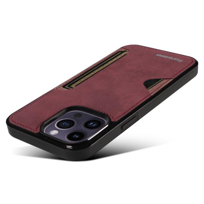 FORWENW - FORWENW F5 Series iPhone 15 Pro Fodral Äkta läder - Vinröd