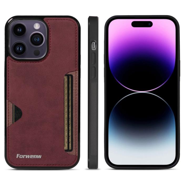 FORWENW - FORWENW F5 Series iPhone 15 Pro Fodral Äkta läder - Vinröd