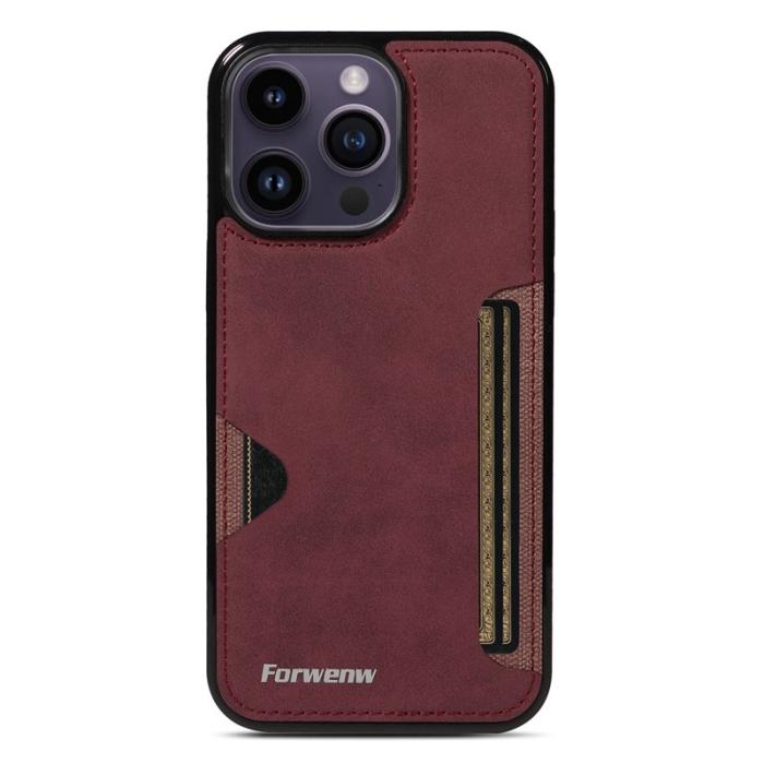FORWENW - FORWENW F5 Series iPhone 15 Pro Max Fodral Äkta läder - Vinröd