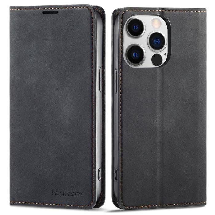 FORWENW - FORWENW iPhone 14 Pro Fodral Äkta läder - Svart