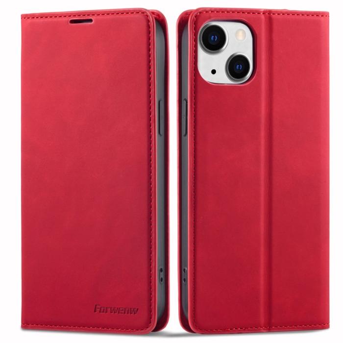 FORWENW - FORWENW iPhone 15 Fodral i Äkta läder - Röd