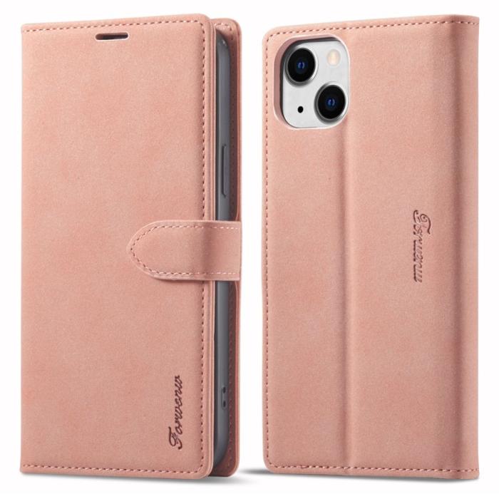 FORWENW - FORWENW iPhone 15 Fodral PU Läder Plånbok Ställ - Roséguld