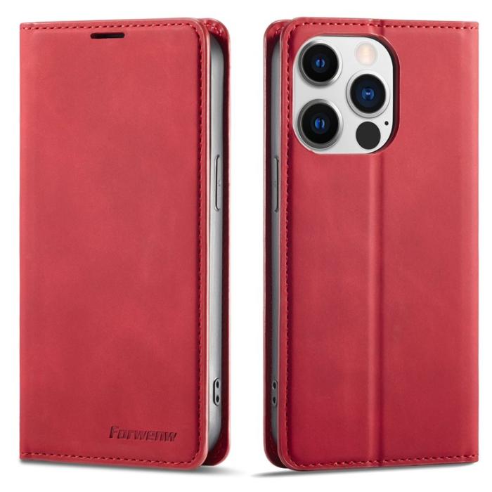 FORWENW - FORWENW iPhone 15 Pro Fodral i Äkta läder - Röd