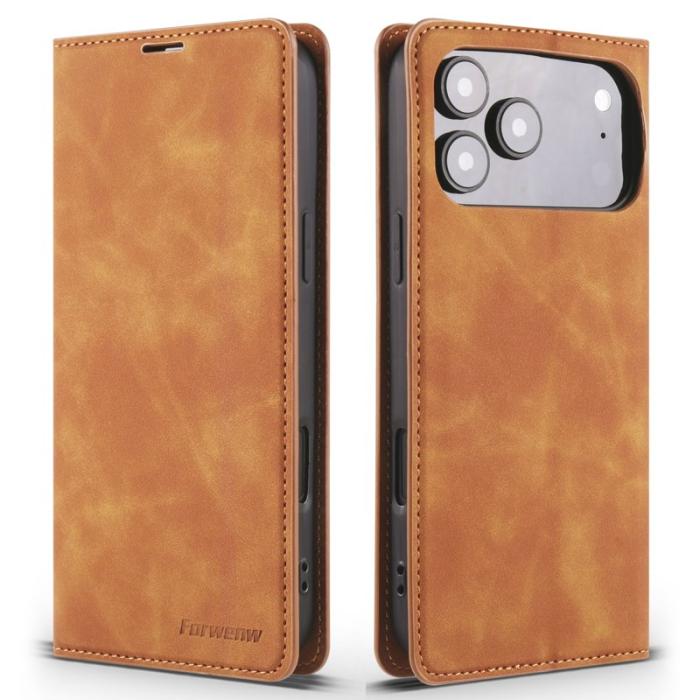 FORWENW - FORWENW iPhone 17 Pro Wallet Fodral Äkta läder - Brun