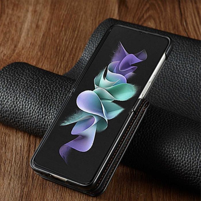 FORWENW - FORWENW Samsung Galaxy Z Flip3 Fodral Äkta läder - Svart