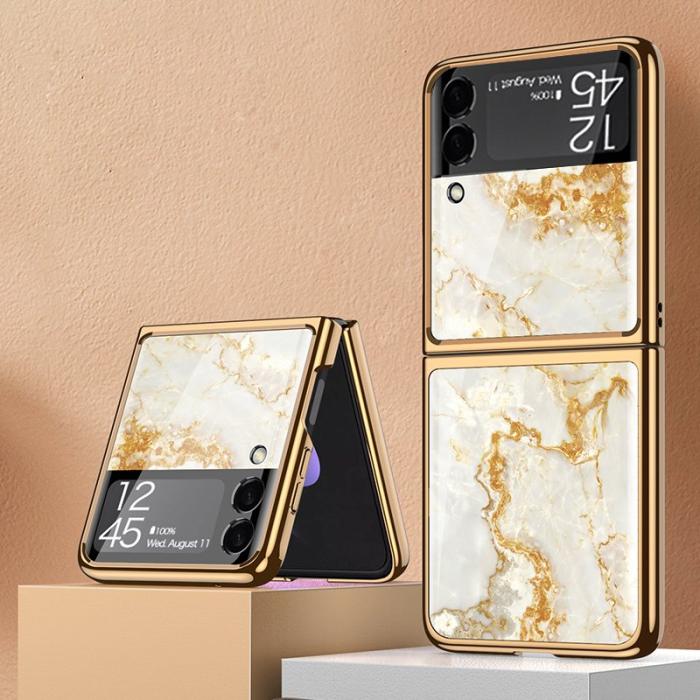 GKK - GKK Samsung Galaxy Z Flip3 Fodral - Härdat glas - Guld/Gul