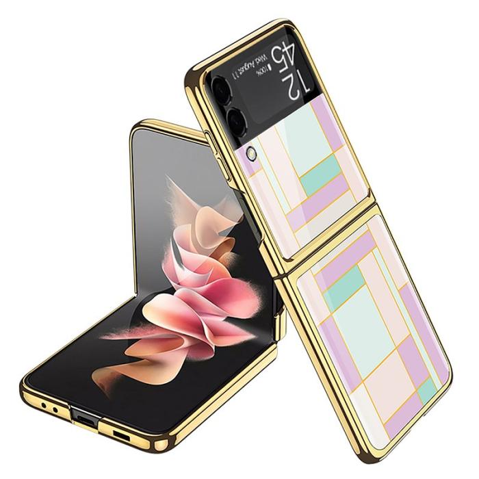 GKK - GKK Samsung Galaxy Z Flip3 Fodral - Härdat glas - Lila/Cyan Grid