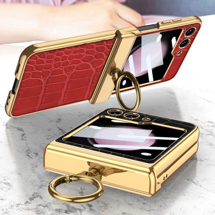 GKK - GKK Samsung Galaxy Z Flip5 Fodral Äkta läder - Krokodiltextur - Rosa