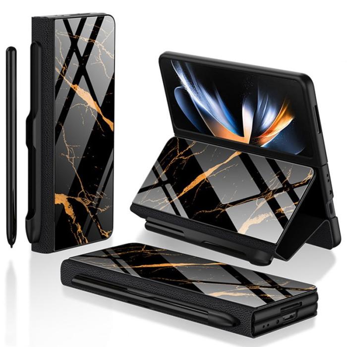 GKK - GKK Samsung Galaxy Z Fold4 Fodral Äkta läder - Guld / Svart