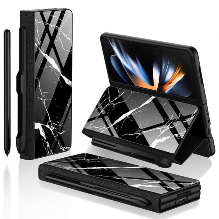 GKK - GKK Samsung Galaxy Z Fold4 Fodral Äkta läder - Marmor 07