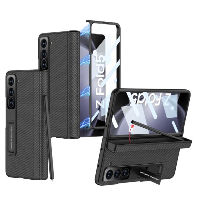 GKK - GKK Samsung Galaxy Z Fold5 Fodral Äkta läder - Kolfiber Textur