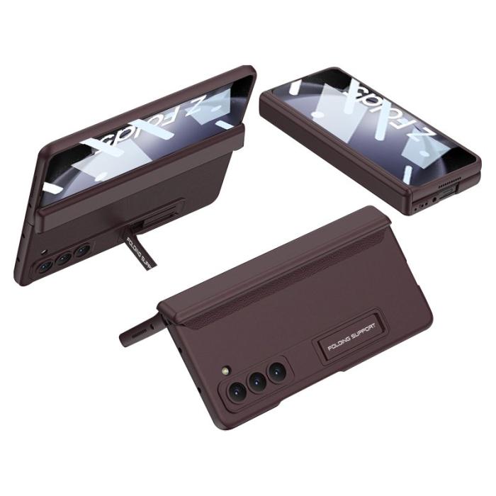 GKK - GKK Samsung Galaxy Z Fold5 Fodral Kickstand Äkta läder - Vinröd