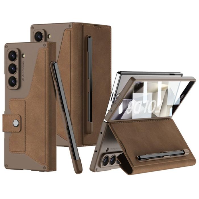 GKK - GKK Samsung Galaxy Z Fold6 5G Fodral Kickstand Äkta läder - Brun