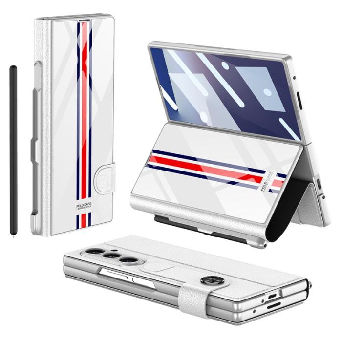 GKK - GKK Samsung Galaxy Z Fold7 Fodral - Hård PC + PU - Vit + Stripes