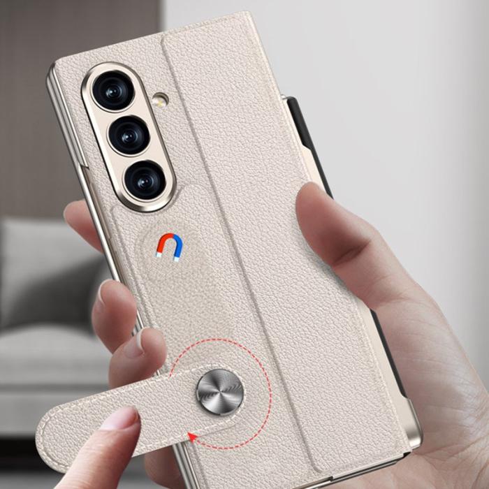 GKK - GKK Samsung Galaxy Z Fold7 Fodral - Hård PC + PU - Vit + Stripes