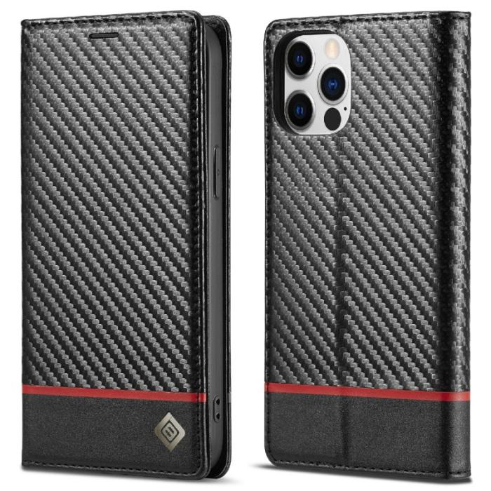 LC.imeeke - LC.IMEEKE iPhone 12 Fodral Äkta läder - Röd med svart rand