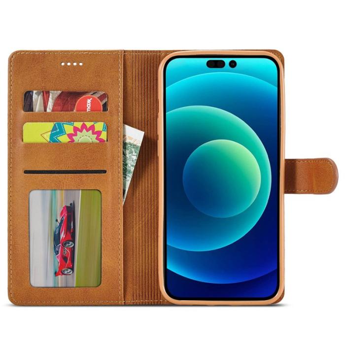 LC.imeeke - LC.IMEEKE iPhone 14 Fodral Flip Folio PU Läder - Ljusbrun