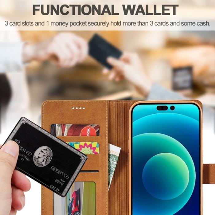LC.imeeke - LC.IMEEKE iPhone 14 Fodral Flip Folio PU Läder - Ljusbrun
