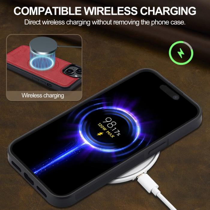 LC.imeeke - LC.IMEEKE iPhone 14 Fodral MagSafe Äkta läder - Röd