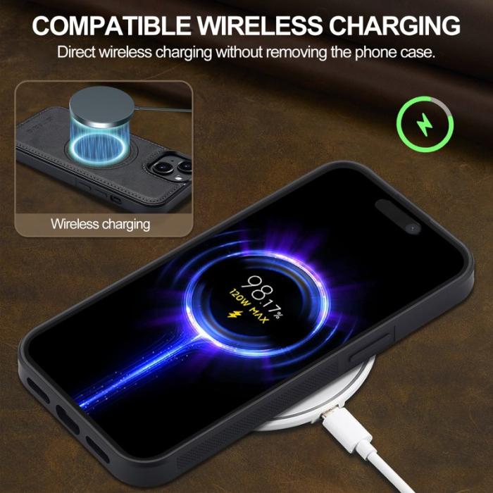 LC.imeeke - LC.IMEEKE iPhone 14 Fodral MagSafe Äkta läder - Svart