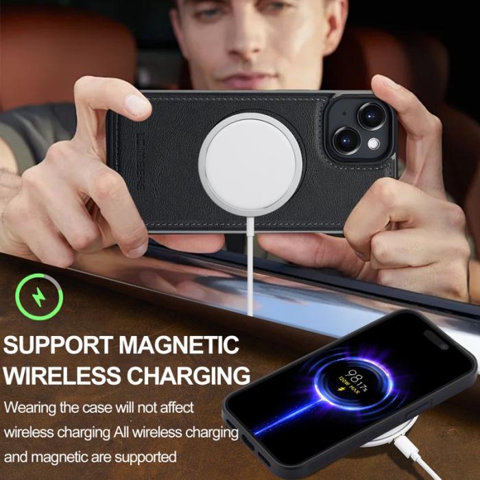 LC.imeeke - LC.IMEEKE iPhone 14 Fodral MagSafe Äkta läder - Svart