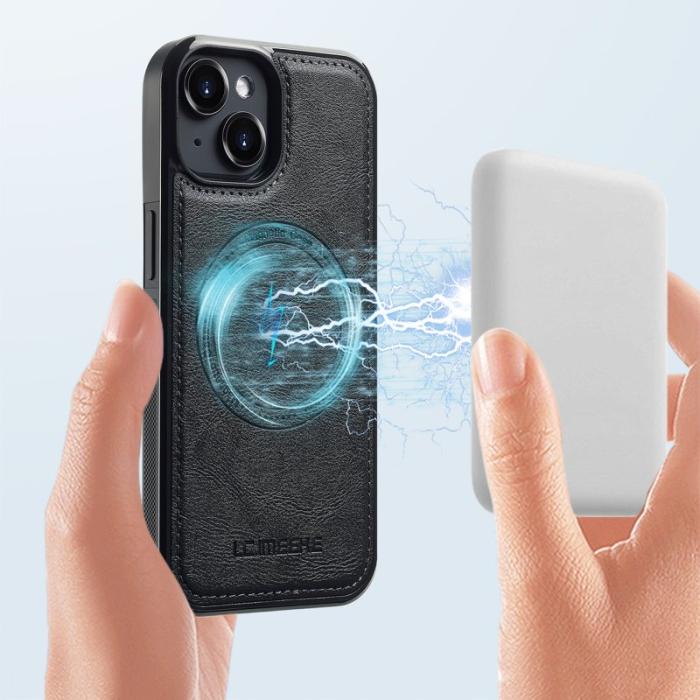 LC.imeeke - LC.IMEEKE iPhone 14 Fodral MagSafe Äkta läder - Svart