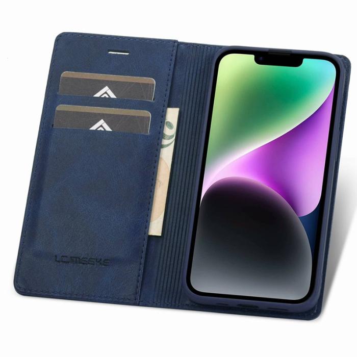 LC.imeeke - LC.IMEEKE iPhone 14 Fodral RFID Blocking PU Läder - Blå