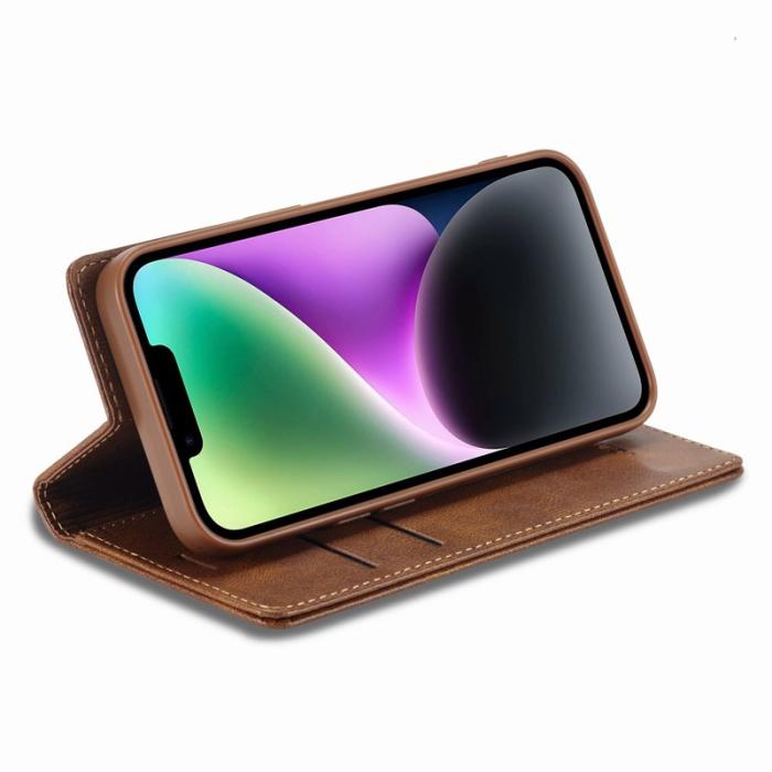 LC.imeeke - LC.IMEEKE iPhone 14 Fodral RFID Blocking PU Läder - Brun