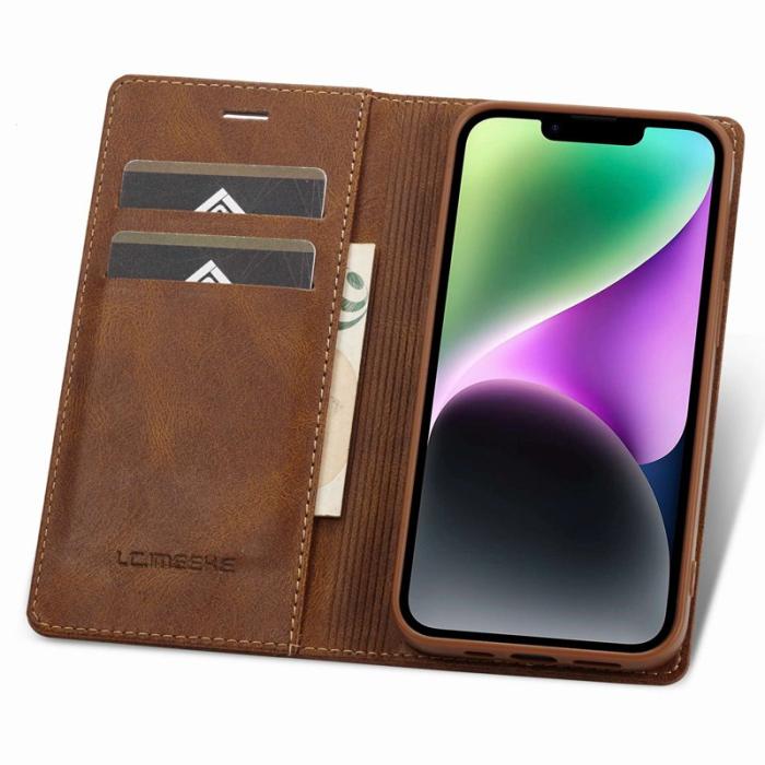 LC.imeeke - LC.IMEEKE iPhone 14 Fodral RFID Blocking PU Läder - Brun