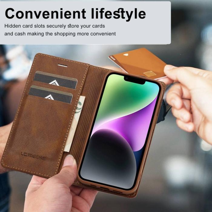 LC.imeeke - LC.IMEEKE iPhone 14 Fodral RFID Blocking PU Läder - Brun