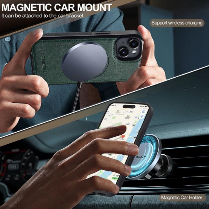 LC.imeeke - LC.IMEEKE iPhone 14 Magnetiskt Fodral Äkta läder - Grön