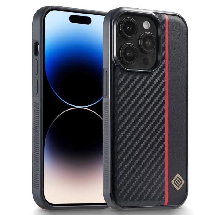 LC.imeeke - LC.IMEEKE iPhone 14 Pro Fodral i Kolfiber PU Läder - Svart