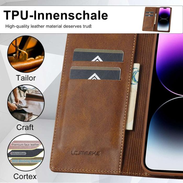 LC.imeeke - LC.IMEEKE iPhone 14 Pro Max Fodral RFID Blocker PU Läder - Brun