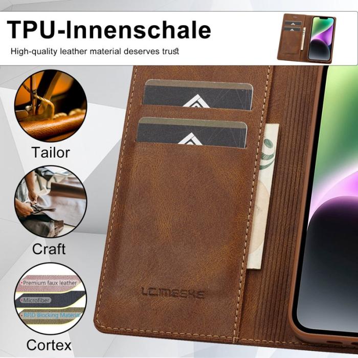LC.imeeke - LC.IMEEKE iPhone 15 Fodral i PU-läder - RFID-blockerande - Brun