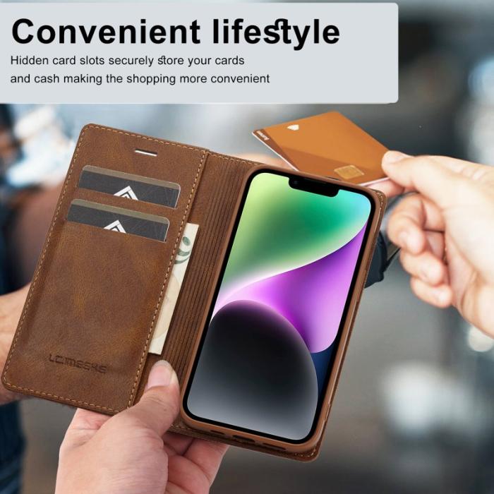 LC.imeeke - LC.IMEEKE iPhone 15 Fodral i PU-läder - RFID-blockerande - Brun