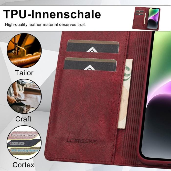 LC.imeeke - LC.IMEEKE iPhone 15 Fodral i PU-läder - RFID-blockerande - Röd