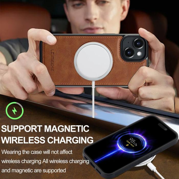 LC.imeeke - LC.IMEEKE iPhone 15 Fodral Magnetiskt Äkta läder - Brun