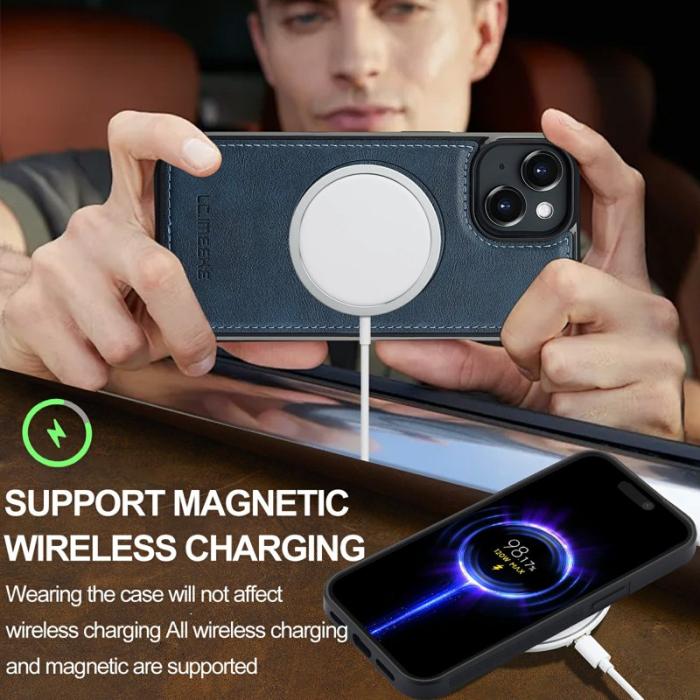 LC.imeeke - LC.IMEEKE iPhone 15 Plus Fodral Äkta läder - Blå