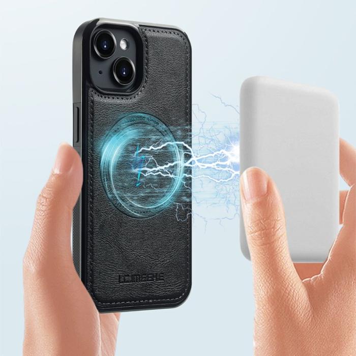 LC.imeeke - LC.IMEEKE iPhone 15 Plus Fodral Äkta läder - Svart