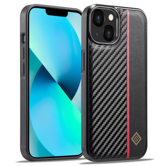 LC.imeeke - LC.IMEEKE iPhone 15 Plus Fodral - Kolfiber PU Läder - Svart