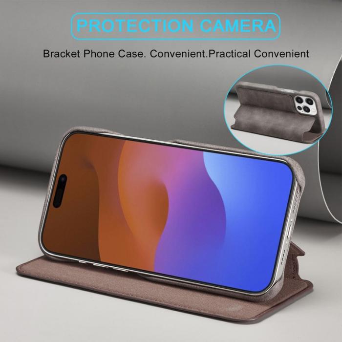 LC.imeeke - LC.IMEEKE iPhone 15 Pro Fodral i Äkta Läder - Kaffe