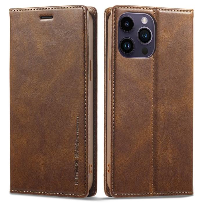 LC.imeeke - LC.IMEEKE iPhone 15 Pro Fodral Ställ Äkta läder - Brun