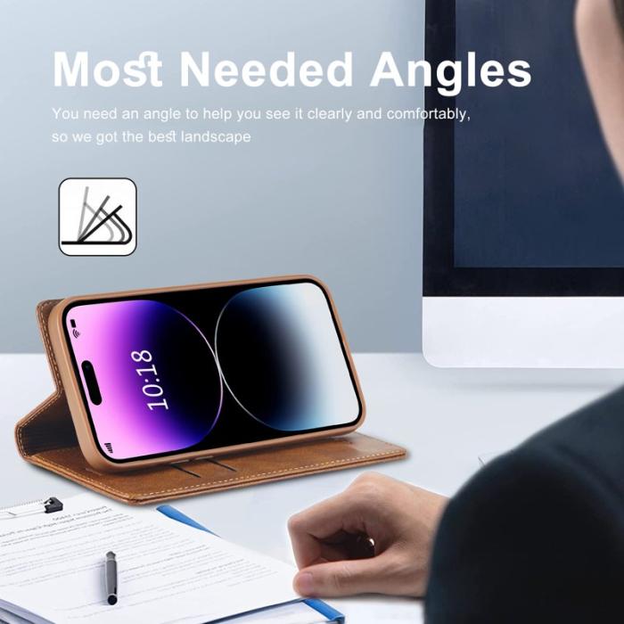 LC.imeeke - LC.IMEEKE iPhone 15 Pro Fodral Ställ Äkta läder - Brun